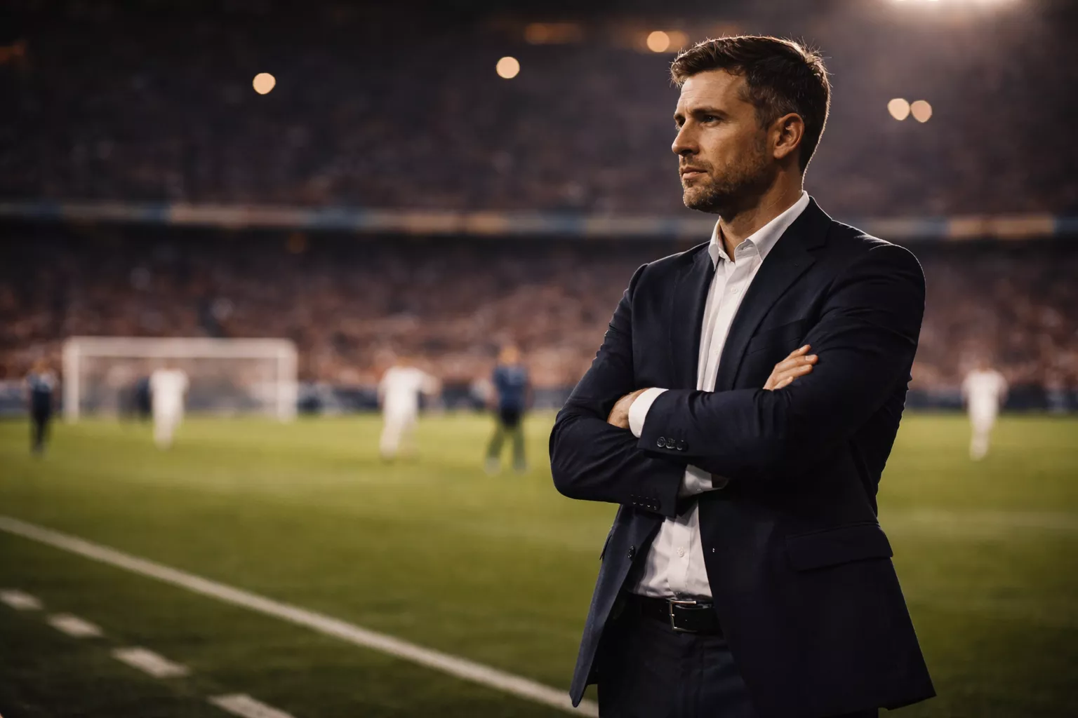 Allenatore di calcio in piedi a bordo campo che osserva la partita con le braccia incrociate