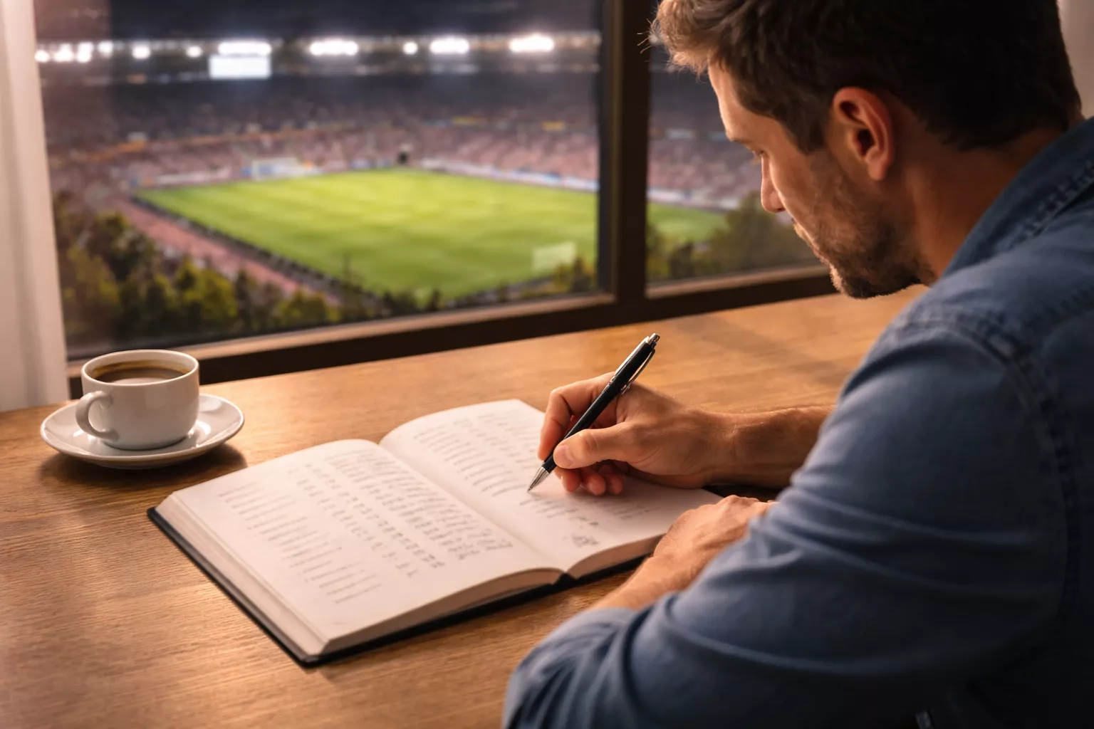 Persona seduta a una scrivania con un blocco note e una penna che annota numeri, con uno stadio di calcio sullo sfondo