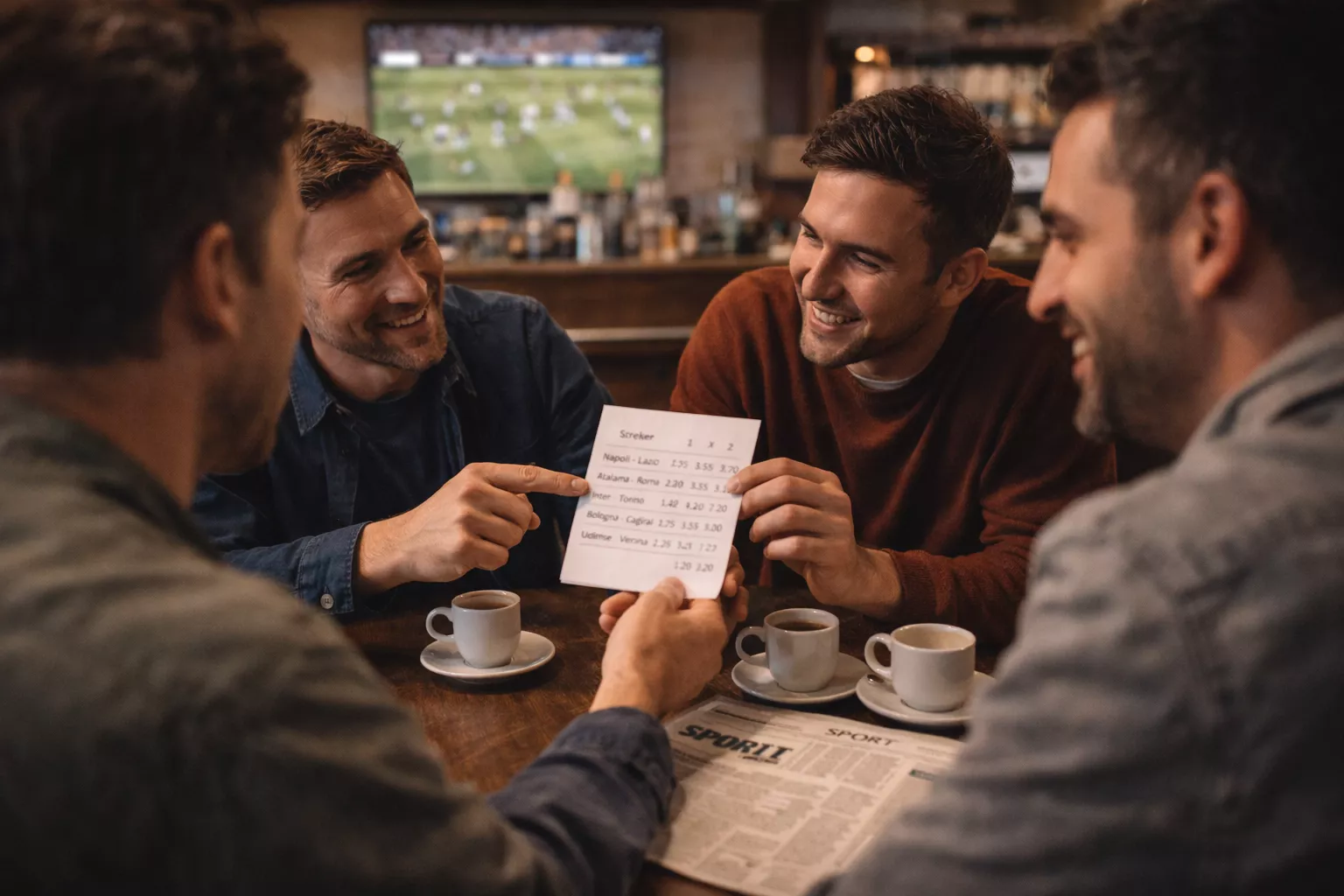 Gruppo di amici al bar che discutono guardando una partita di calcio in televisione