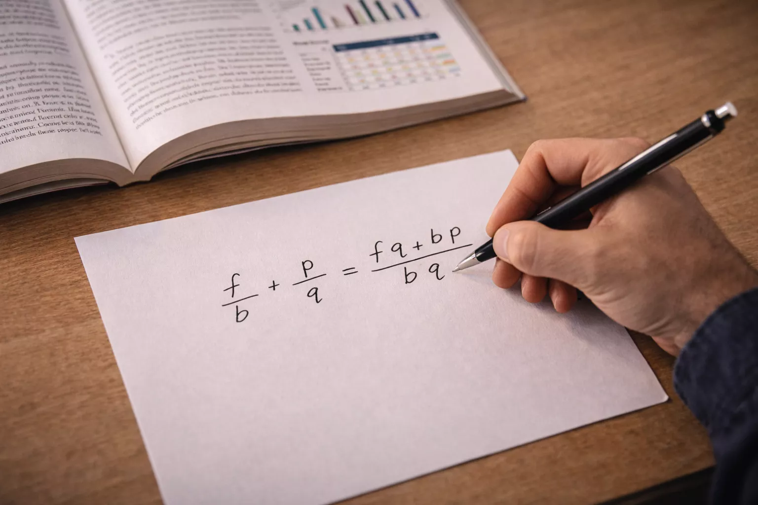 Mano che scrive una formula matematica su un foglio bianco con una penna accanto a un libro aperto