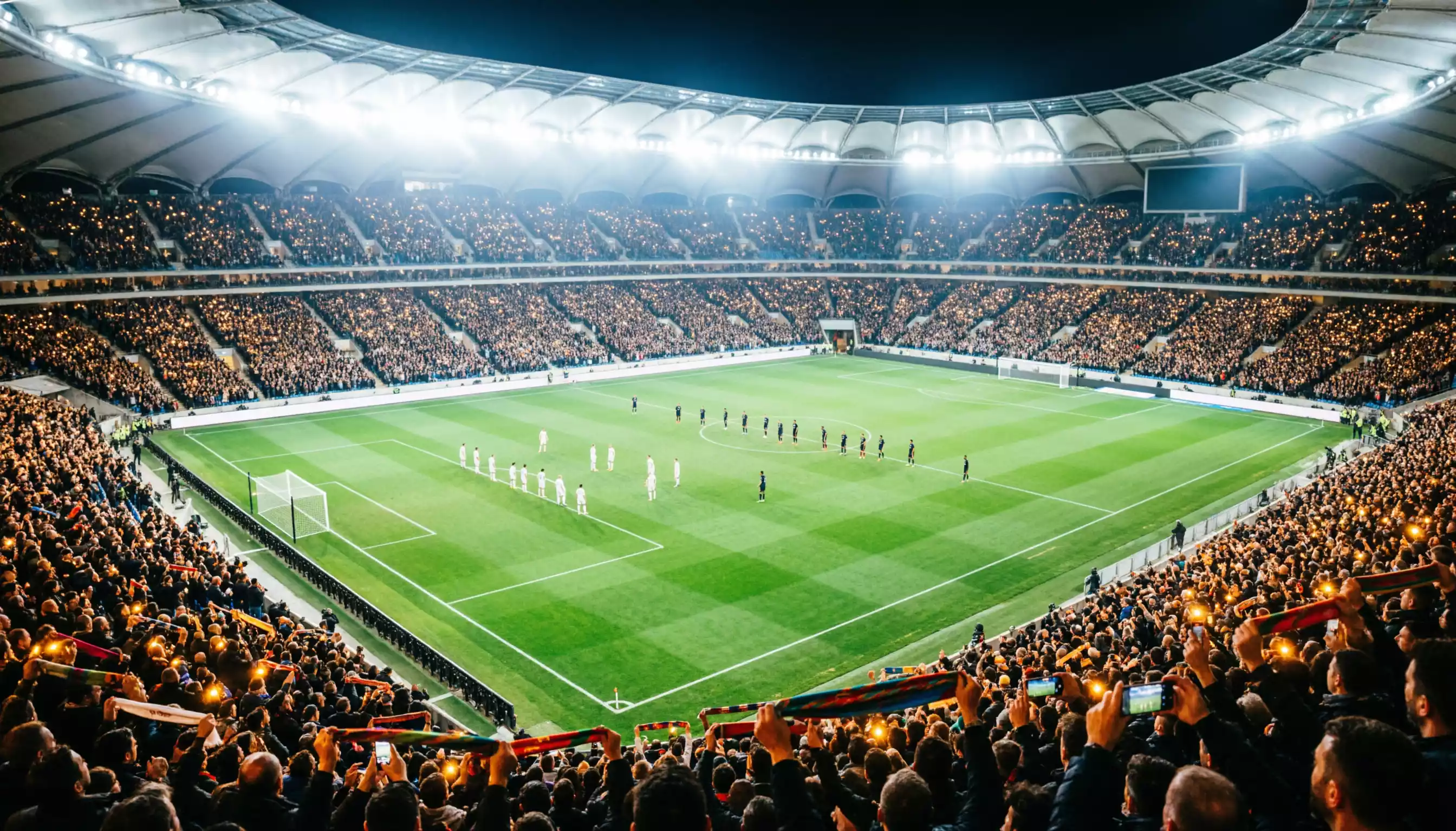 Vista panoramica di uno stadio di calcio pieno di tifosi durante una partita serale