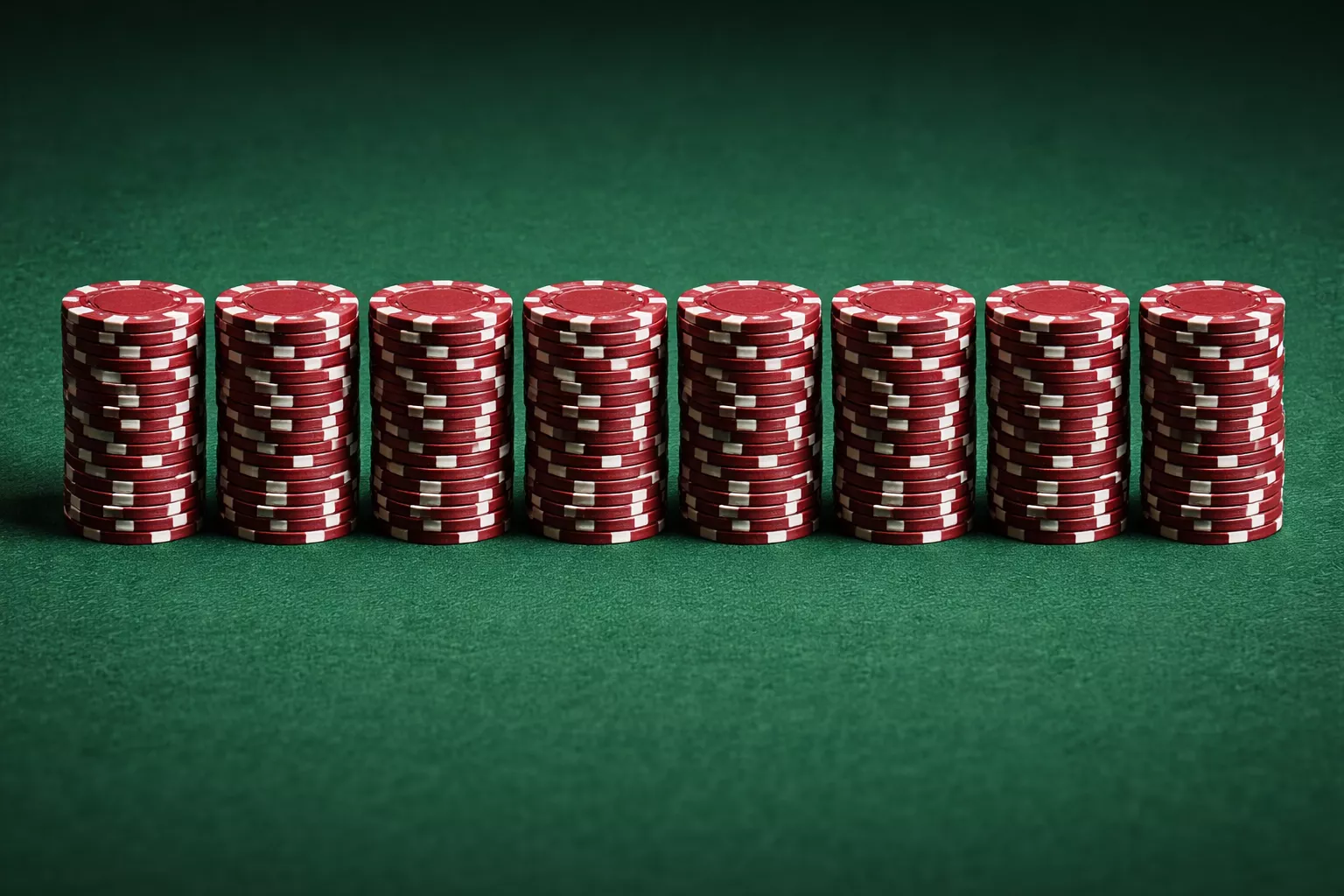 Fila ordinata di fiches colorate tutte della stessa altezza su un tavolo verde