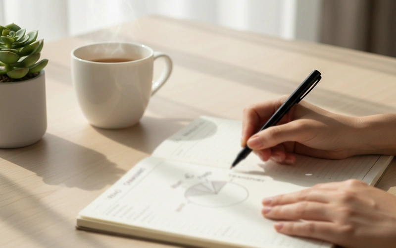 Persona che pianifica il proprio budget con blocco note e simbolo euro