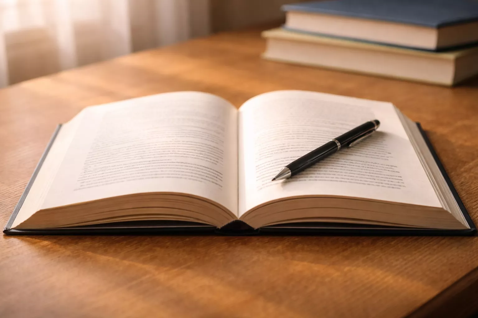 Libro aperto su una scrivania con pagine bianche e una penna accanto, luce calda dalla finestra