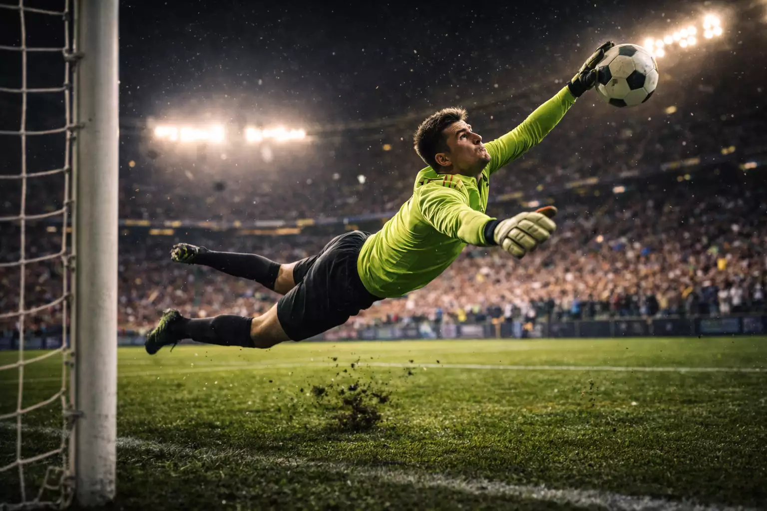 Portiere di calcio in tuffo per parare un tiro durante una partita su campo in erba