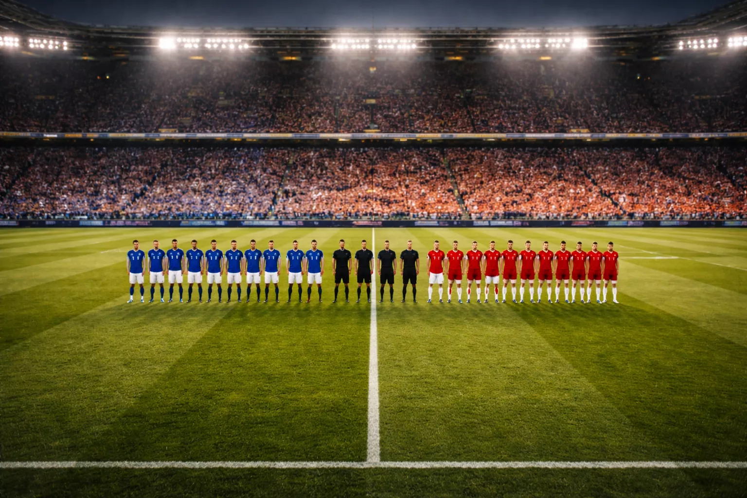 Due squadre di calcio schierate in campo prima del fischio d'inizio su un prato verde