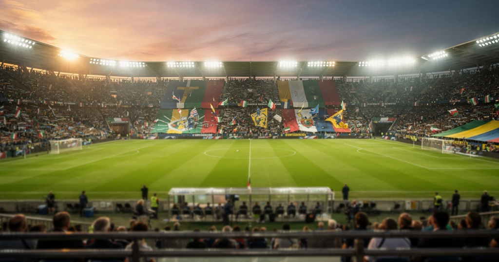 Stadio di calcio illuminato durante una partita serale con tifosi sugli spalti