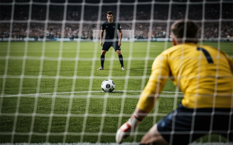Calciatore pronto a calciare un rigore verso la porta