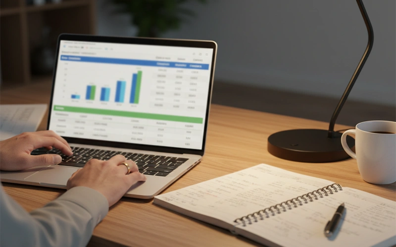 Persona che analizza statistiche di calcio su un notebook