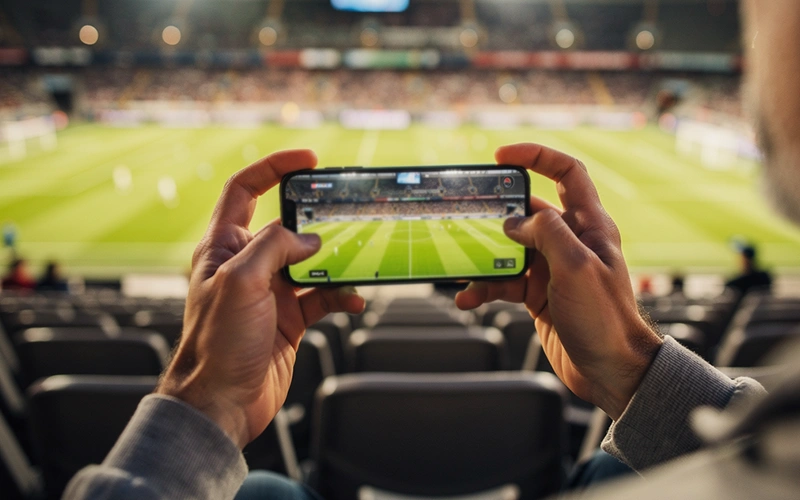 Persona che guarda partita di calcio su smartphone allo stadio
