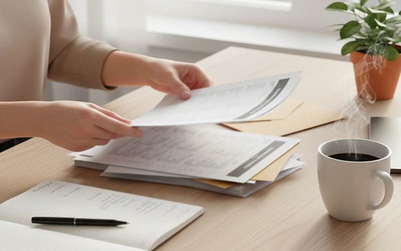 Persona che organizza documenti finanziari su una scrivania