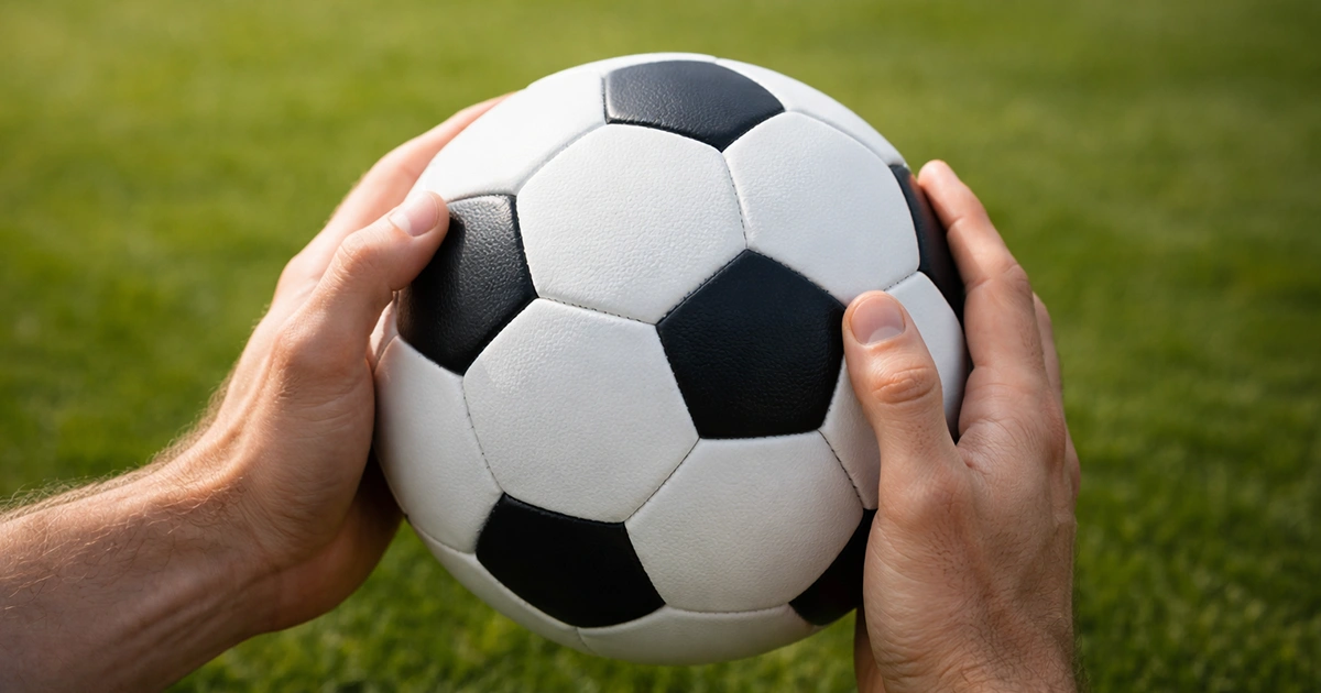 Mani che tengono un pallone da calcio su sfondo verde campo