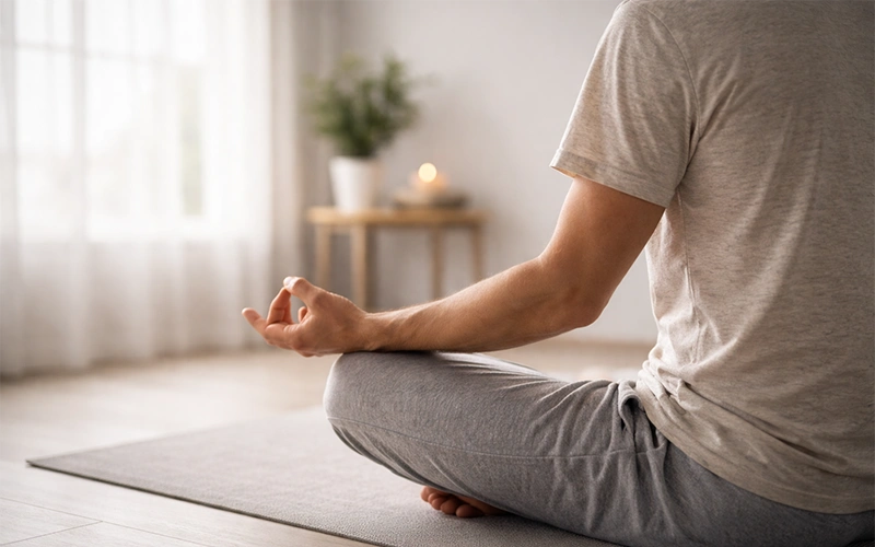 Persona concentrata seduta in posizione meditativa