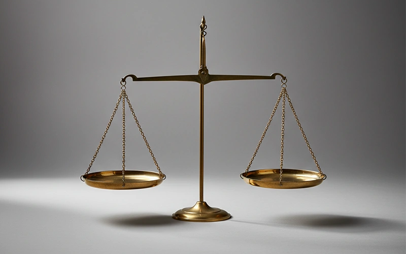 Bilancia in equilibrio su sfondo neutro