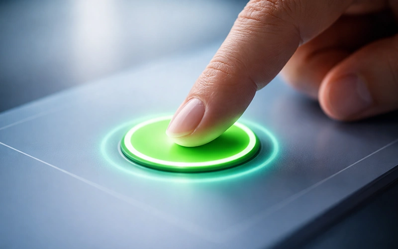 Mano che preme un pulsante verde su schermo touch