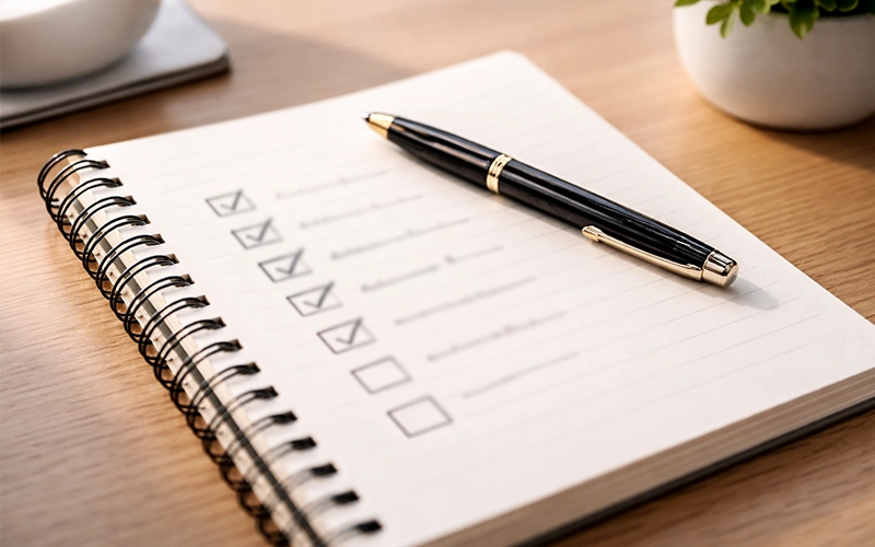 Quaderno aperto con lista di punti su scrivania ordinata