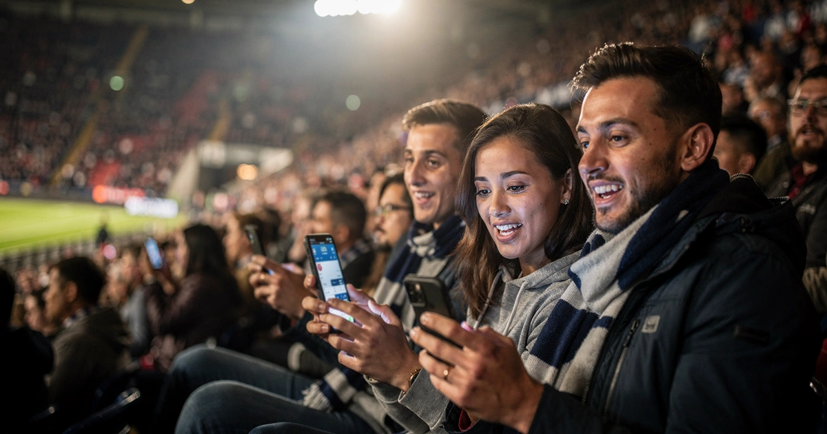 Tifosi allo stadio con smartphone durante partita serale