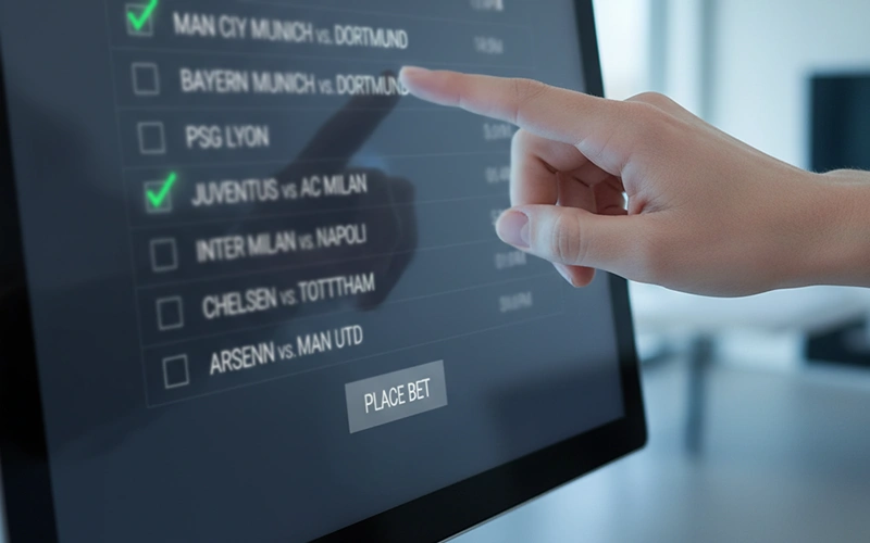 Mano che seleziona partite su schermo digitale