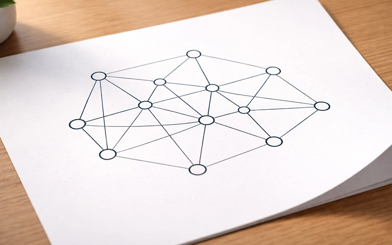 Diagramma con linee che collegano punti su sfondo chiaro