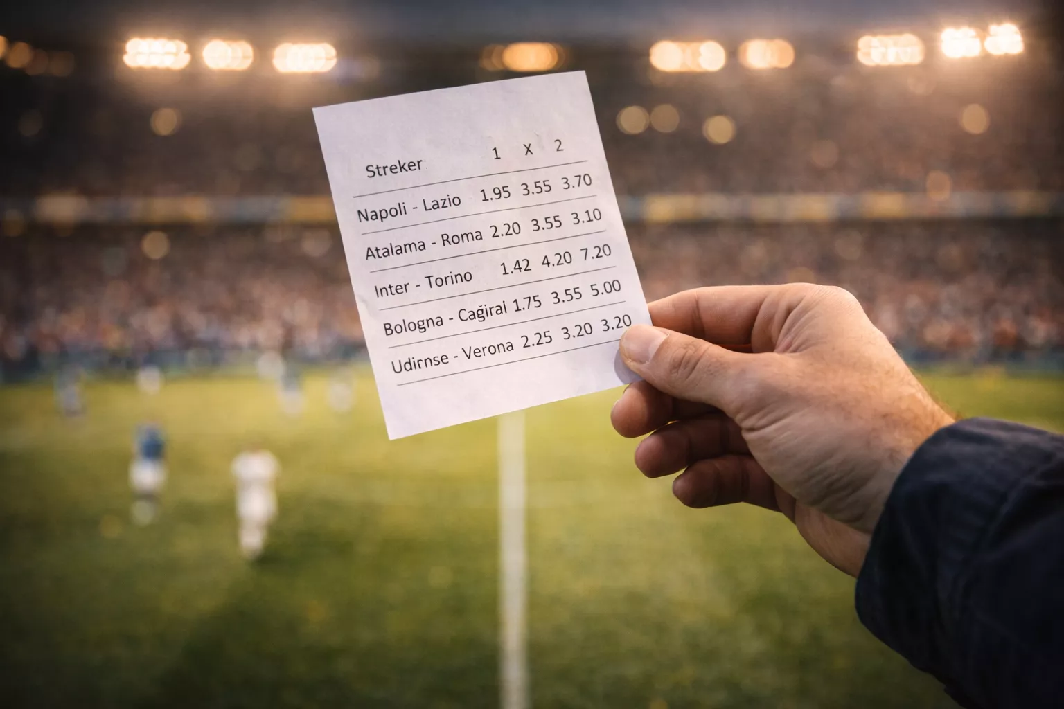 Primo piano di una mano che tiene un biglietto di scommesse davanti a un campo di calcio illuminato