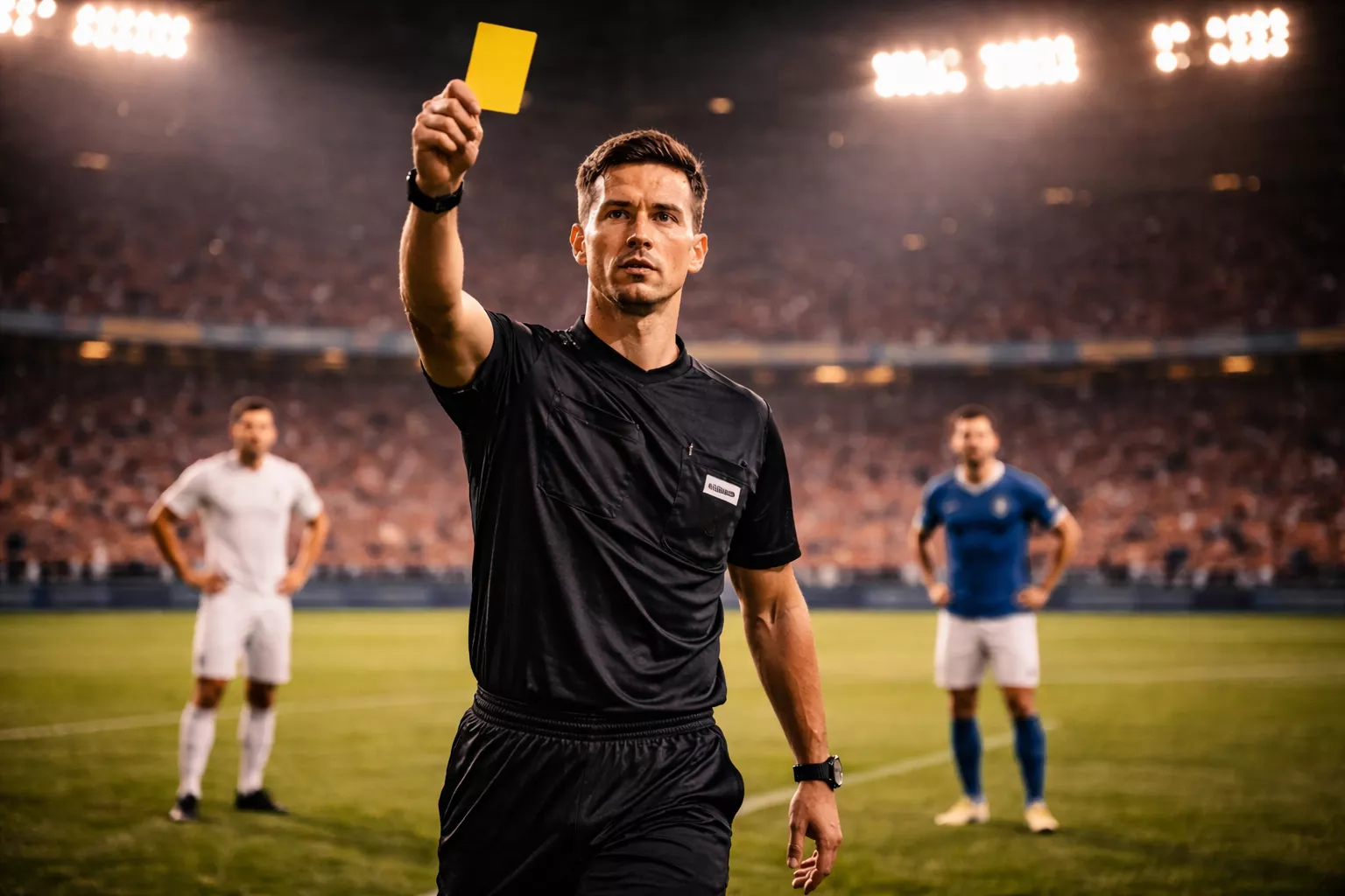 Arbitro di calcio che mostra un cartellino giallo a un giocatore durante una partita su campo in erba