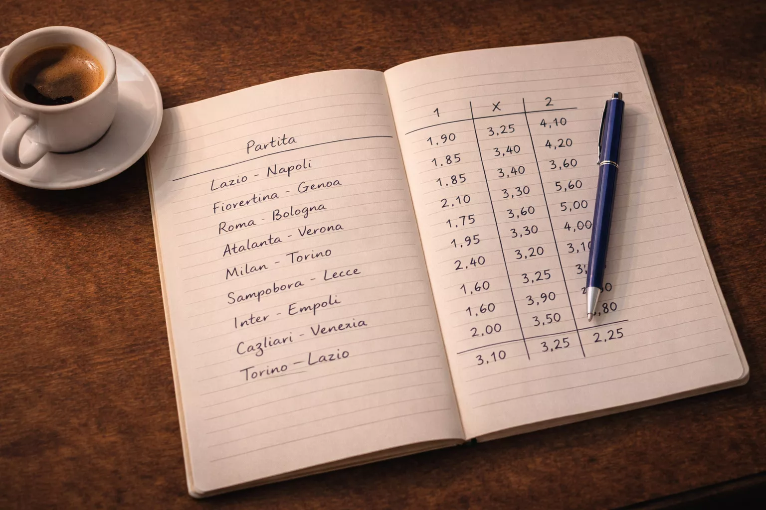 Blocco note con una tabella di numeri scritti a mano e una penna appoggiata sopra, su una scrivania