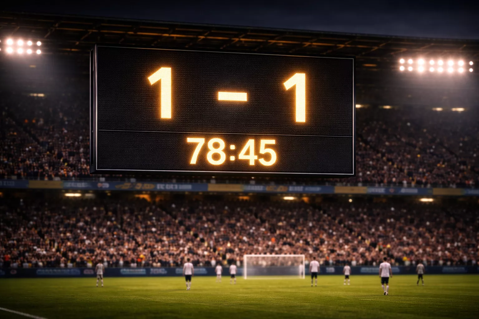 Tabellone luminoso di uno stadio di calcio che mostra il punteggio durante una partita serale