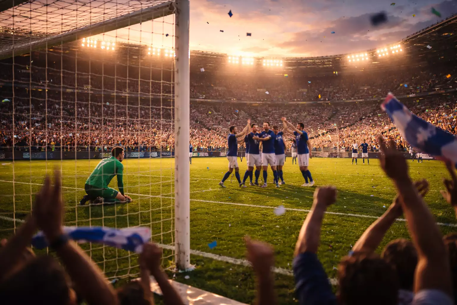 Tifosi allo stadio durante una partita di calcio con il tabellone che mostra il risultato