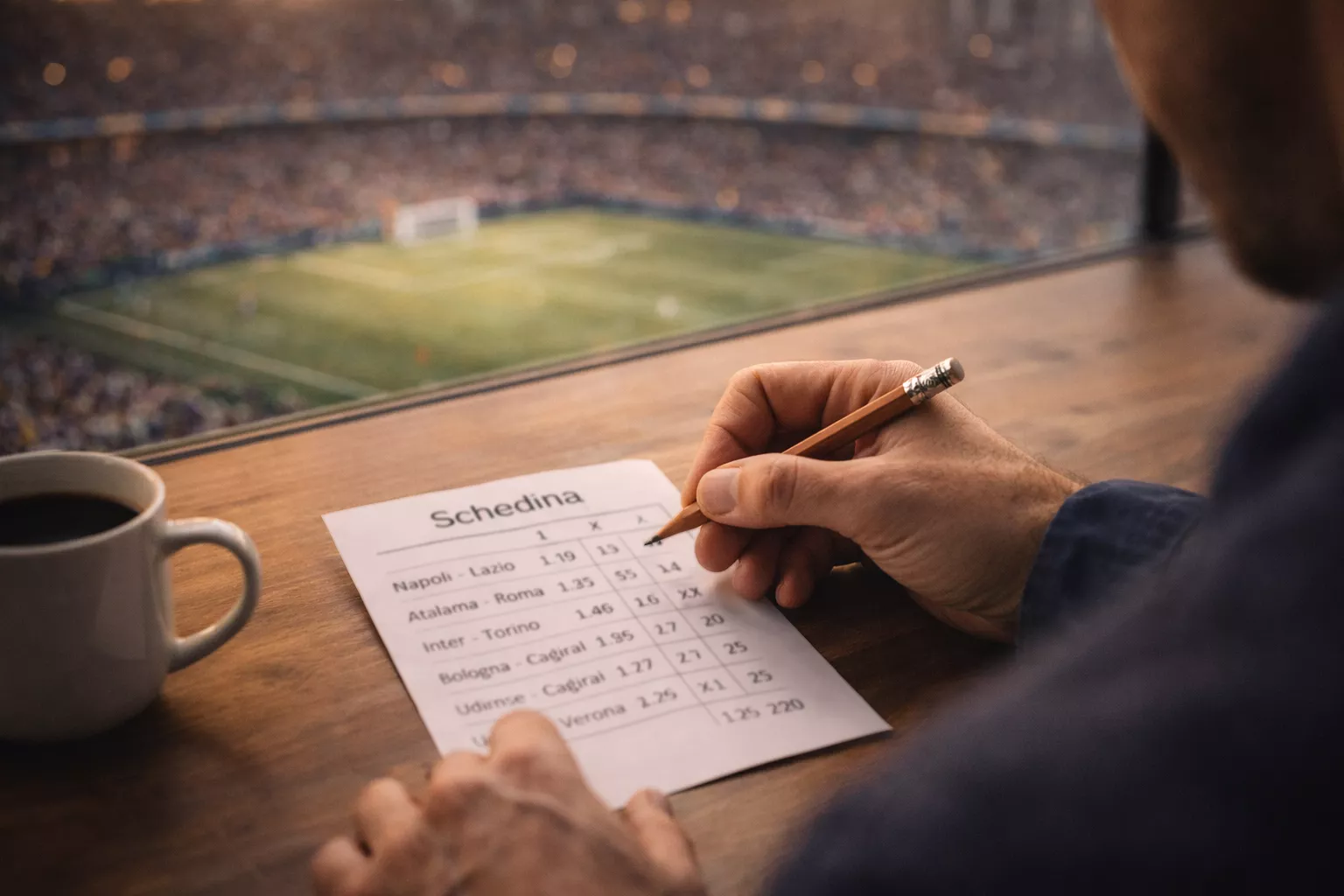 Primo piano di una mano che compila un biglietto di scommesse su un tavolo con uno stadio di calcio sullo sfondo