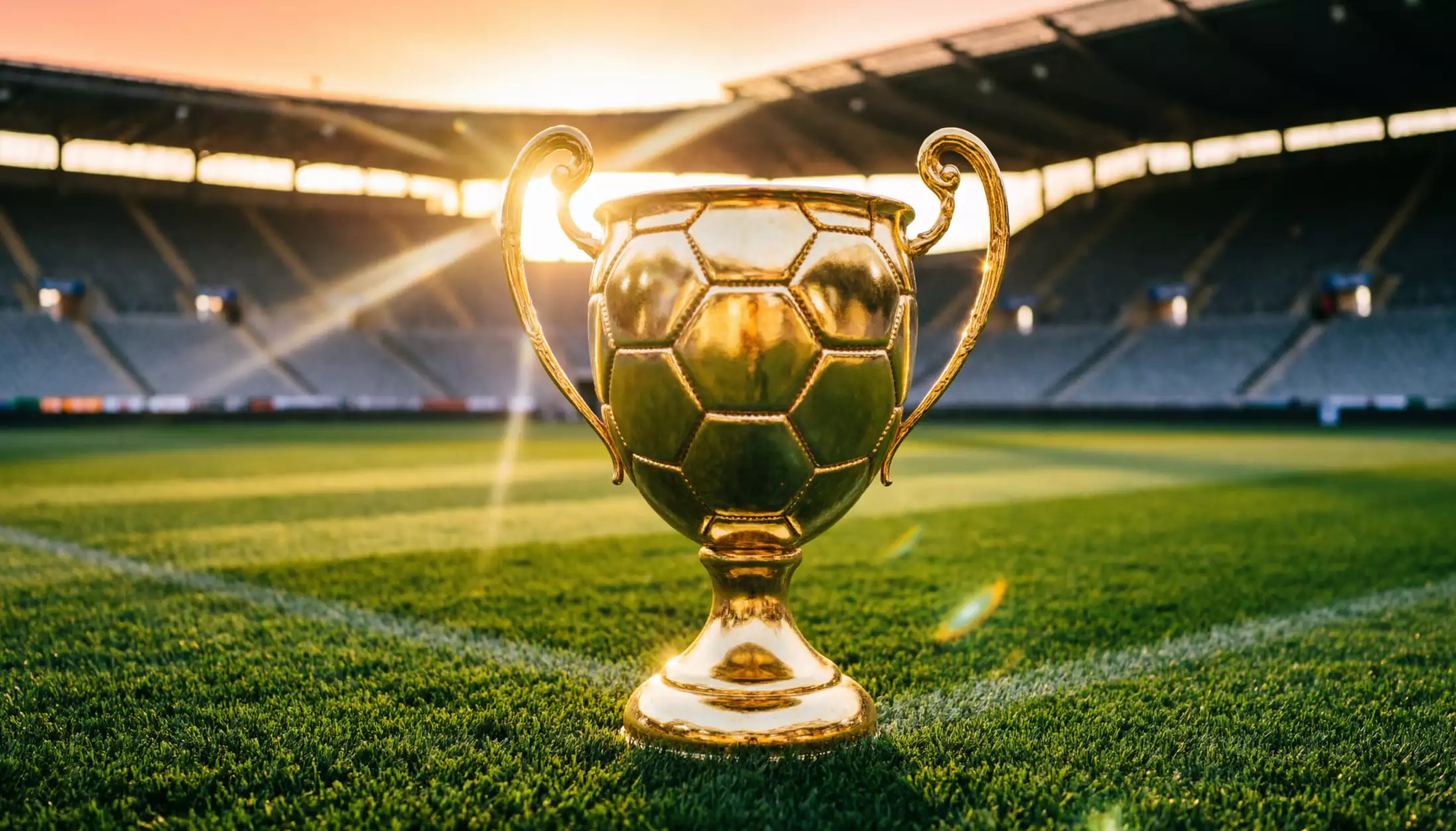 Trofeo di calcio dorato su un prato verde con lo stadio sullo sfondo illuminato al tramonto