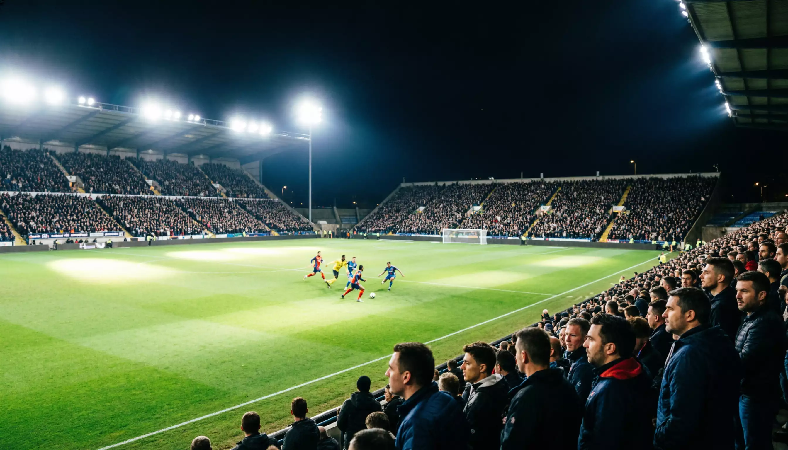 Stadio di calcio pieno di spettatori durante una partita notturna visto dalla tribuna laterale