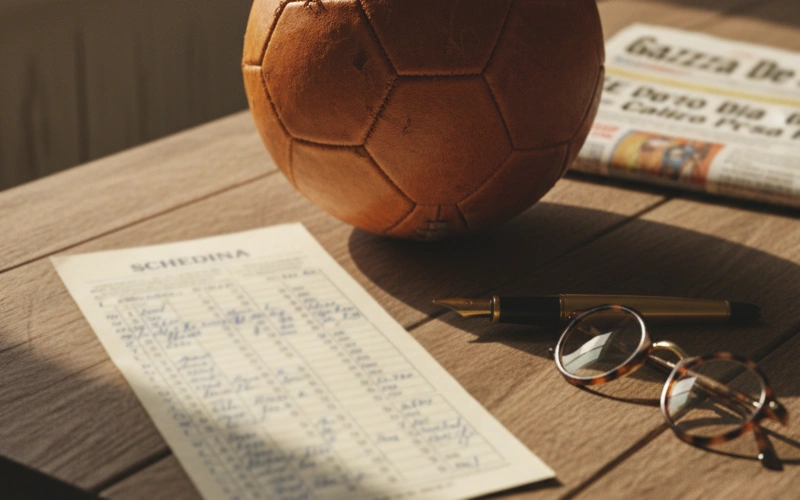 Schedina tradizionale italiana e pallone da calcio su tavolo di legno
