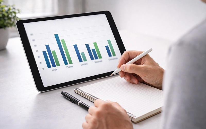 Persona che analizza statistiche calcistiche su tablet con appunti e penna