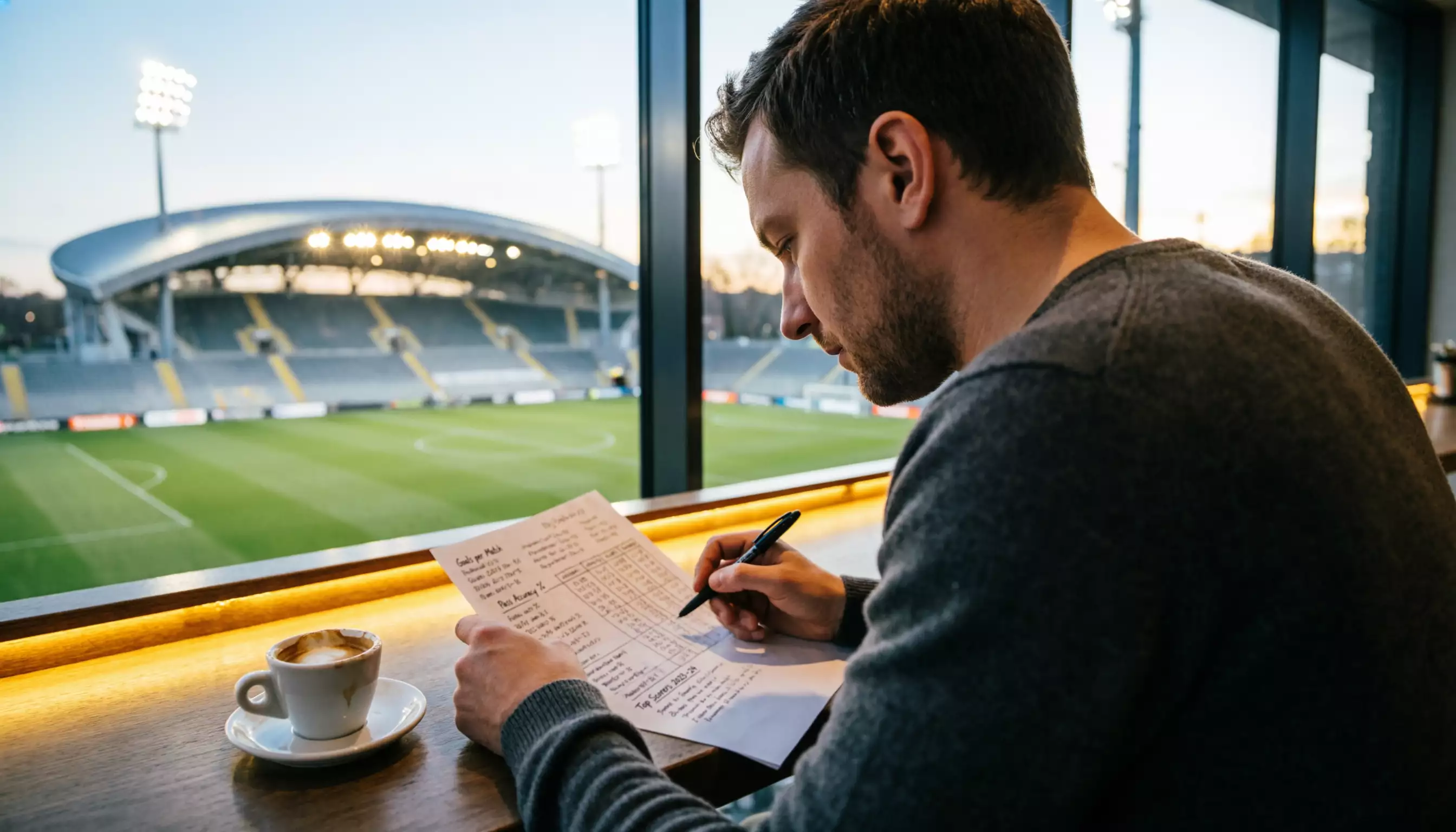 Primo piano di un uomo concentrato che analizza dati su un foglio davanti a un campo di calcio